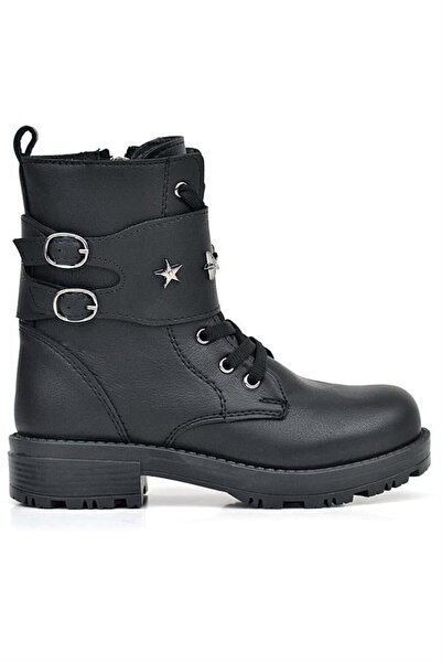 Rakerplus Black Lace-Up Zippered Star Detailed Girl's Boots
