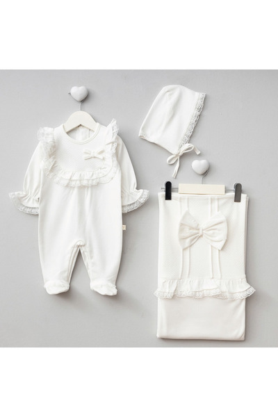 Naka Concept Jacquard Natural Cotton 3 Piece Lace Baby Girl Hospital Discharge Set – Ecru