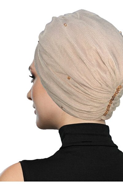 fidan bone Βραδινό καπό Hijab με επένδυση από κρυστάλλινο τούλι σε μπεζ έτοιμο τουρμπάνι