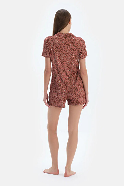 Dagi Kiremit Leopar Desenli Gömlek Şort Pijama Takımı