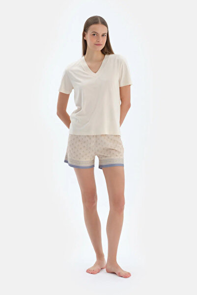 Dagi Ecru V-Neck Short Sleeve T-Shirt Pants Pajama Set