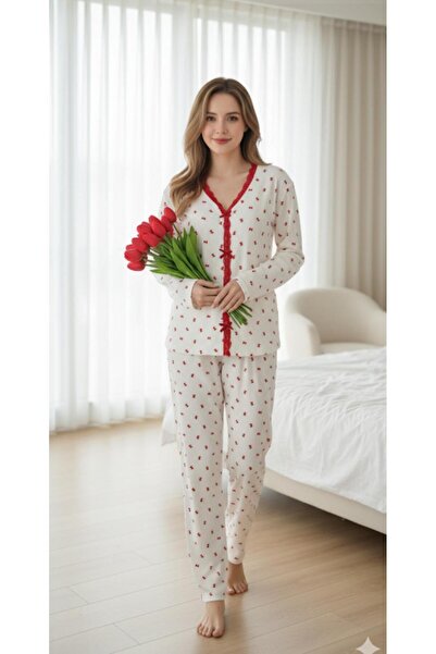 Mihra Beyaz Kurdela Desenli Kadın Pijama Takımı