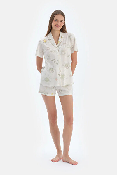 Dagi Ekru Bulut Desenli Gömlek Şort Pijama Takımı