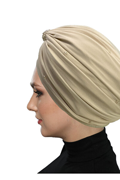 fidan bone Βραδινό καπό Hijab με επένδυση από κρυστάλλινο τούλι σε μπεζ έτοιμο τουρμπάνι