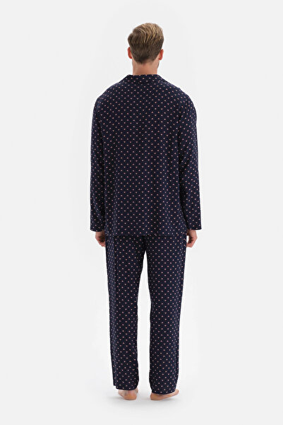Dagi Navy Blue Meterage Printed Shirt Collar Viscose Pajama Top