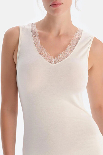 Dagi Ecru Modal Cashmere Lace Detailed V-Neck Sleeveless Blouse
