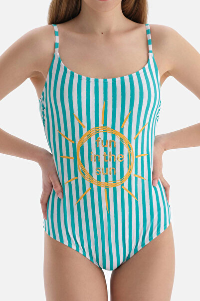 Dagi Green-White U-Neck Thin Strap Swimsuit