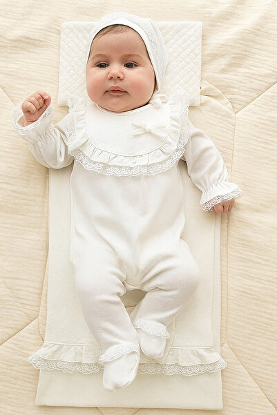 Naka Concept Jacquard Natural Cotton 3 Piece Lace Baby Girl Hospital Discharge Set – Ecru