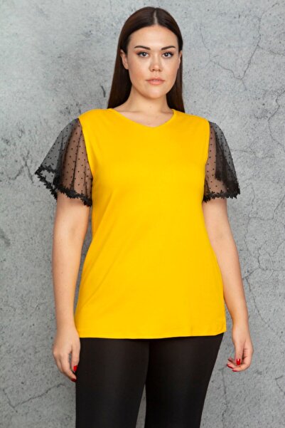 Şans Women's Large Size Yellow Lace Detailed Blouse 65n23383