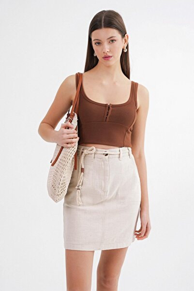 Mixray 4639 Women's Knitted Belted Linen Skirt Natural