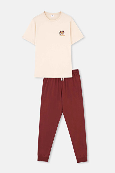 Dagi Set de pijama jogger cu mânecă scurtă cu imprimeu ecru