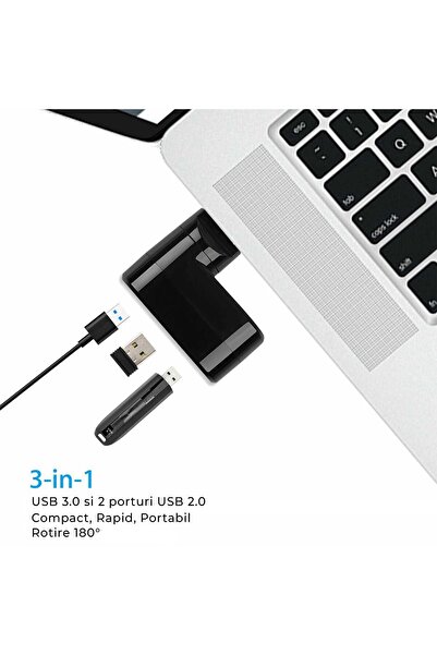 Timebox External USB Hub 3 in 1 180 Degree Rotatable Port Adapter USB 3.0 Splitter Compatible Laptop