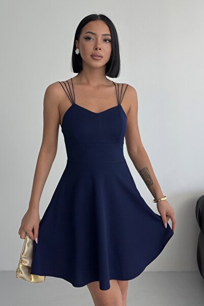 ALFUDO Moda Collection İnce Askılı Sırt Dekolteli Volan Kloş Mezuniyet Elbisesi Lacivert