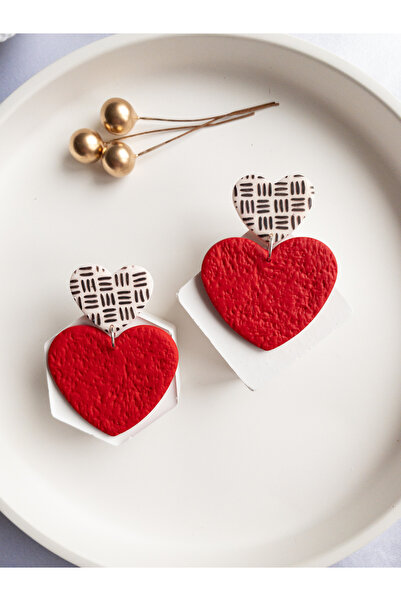 BeuBella Aksesuar Özel Tasarım Polimer Kil Kırmızı ve Ekose Kalp Küpe