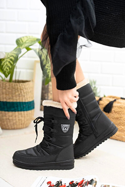 Zerenyus Su Soğuk Geçirmez Fermuarlı Siyah Bej Kadın Kışlık Kar Botu