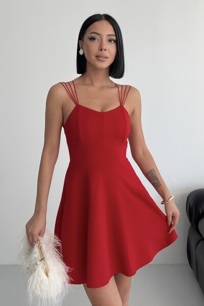 ALFUDO Moda Collection İnce Askılı Sırt Dekolteli Volan Kloş Mezuniyet Elbisesi Kırmızı