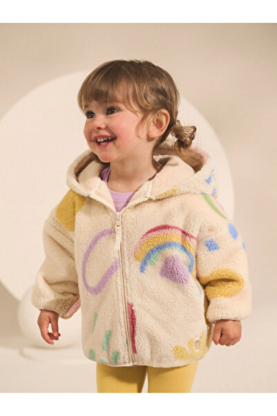 Next Baby Krem Doodle Baskılı Fermuarlı Kapşonlu Polar Mont/Ceket