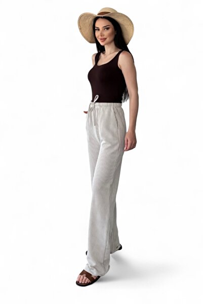 Morlex Women's Rustic Gray Palazzo White Striped Slim Fit Pocketed Wide Leg Trousers