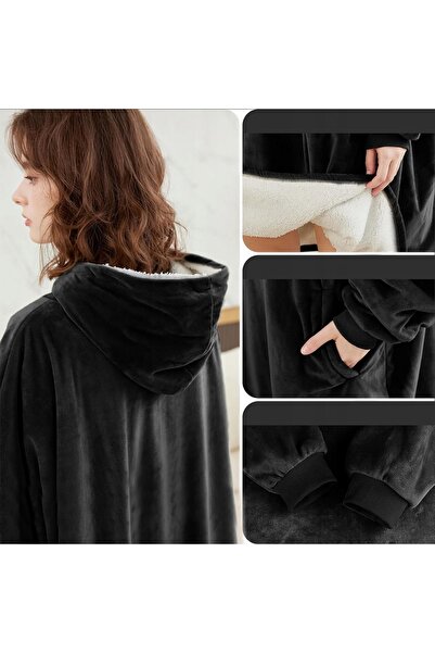 miraza Patura cu Maneci si Gluga, Tip Hanorac, Fleece Calduros, Plusat, Marime Universala, Negru