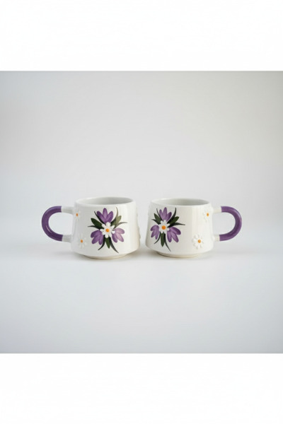 İlbay Çini Takı 2 Pieces of Ceramic Classic Kettle Mug with Lilac-Colored Crocus Flower Pattern