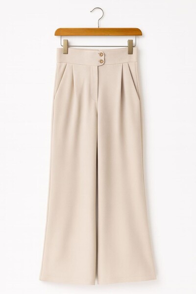 enmodaiçgiyim PRET PROMOȚIONAL Pantaloni palazzo cu talie înaltă și picioare largi, culoare piatră – țesătură elastică cu textura, picioare largi