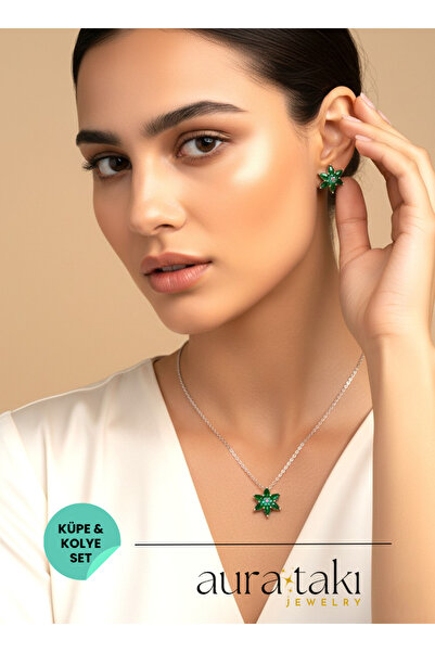 AURA Zümrüt Yeşili Lotus Çiçeği Kolye Küpe Kombin Gümüş Renk