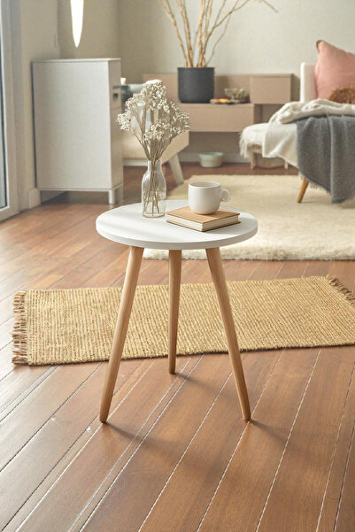 HESA Beyaz desenli Yan Sehpa Zigon sehpa 45cm ahşap ayaklı