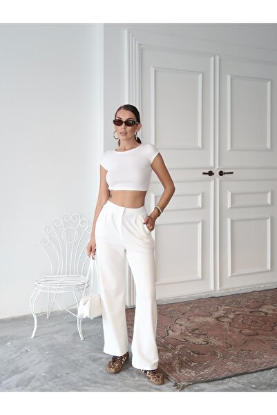 elnabutik Beyaz Krep Palazzo Pantolon