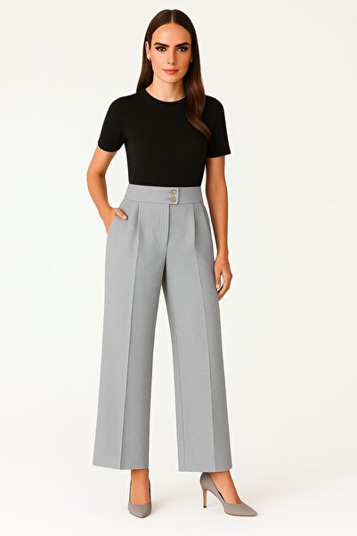 enmodaiçgiyim Promotional Price Gray High Waist Wide Leg Palazzo Pants – Stretchy Textured Fabric, Flowy Wide Leg