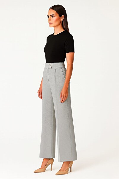enmodaiçgiyim Promotional Price Gray High Waist Wide Leg Palazzo Pants – Stretchy Textured Fabric, Flowy Wide Leg
