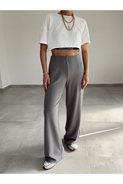elnabutik Gri Cepsiz Palazzo Pantolon