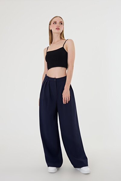Hazel Pantaloni Palazzo cu detaliu pliat pentru femei, albastru bleumarin