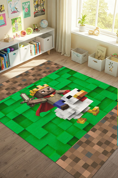 The Reef Design Minecraft Halısı Dijital Baskılı Kaymaz Tabanlı Antialerjik Chicken Jokey Figürlü Çocuk Halısı