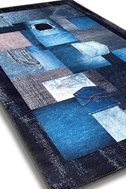 The Reef Design Patchwork Jean Halı Dijital Baskı Oturma Odası Halısı Lacivert Denim Görünümlü Yazlık Halısı