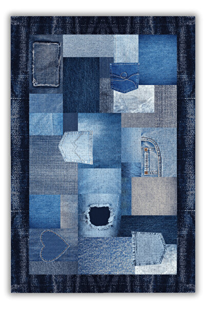 The Reef Design Patchwork Jean Halı Dijital Baskı Oturma Odası Halısı Lacivert Denim Görünümlü Yazlık Halısı