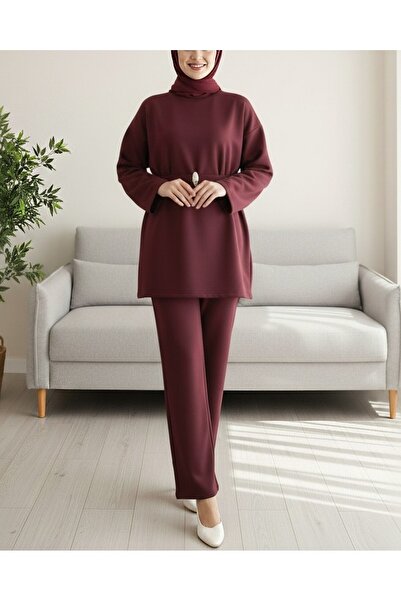 Modamorfo Round Neck Belted Waist Scuba Suit - Burgundy