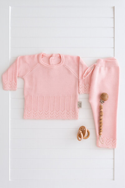 Cloudy Kids Kız Bebek Bisiklet Yaka Kazak Pantolon %100 Pamuk Triko İkili Takım