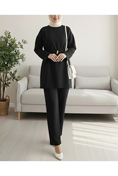 Modamorfo Round Neck Belted Waist Scuba Suit - Black