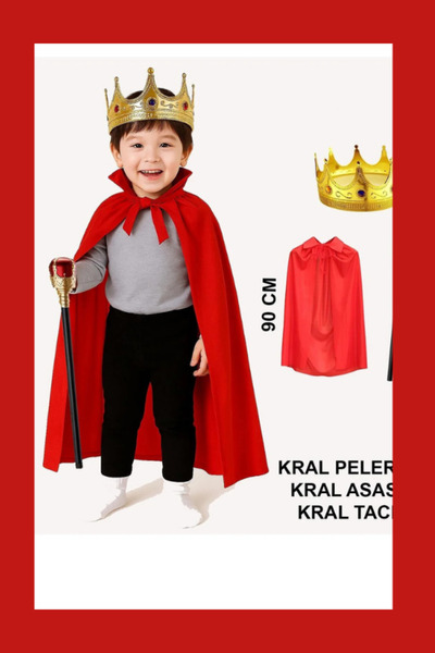 Samur Çocuk Kral Kostüm Seti – Kırmızı Pelerin, Taç ve Asa (90 cm)