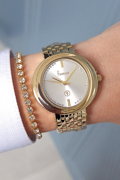 Freelook Zirkon Taşlı Altın Sarısı Kadın Kol Saati, Taşlı Bileklik Hediyeli