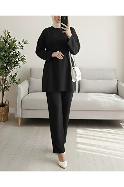 Modamorfo Round Neck Belted Waist Scuba Suit - Black