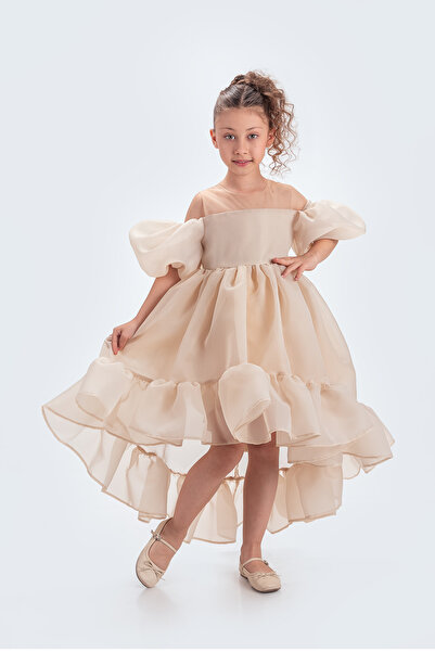 ABİYEKİDS Kloş Madonna Yaka Kabarık Şifon Lüx Bej Çocuk Abiye ABY218