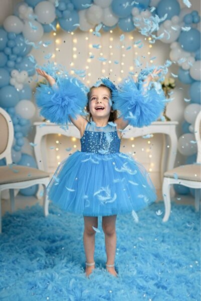 ABİYEKİDS Rochie de seară pentru copii în stil albastru cu mâneci cu paiete