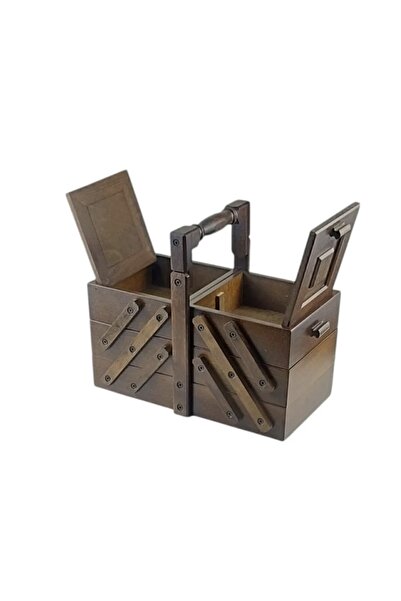 İKRARR İkrar Ahşap Büyük Boy Dekoratif Dikiş Ve Aksesuar Kutusu Düzenleyici 3 Katlı 5 Gözlü Takı Kutusu.