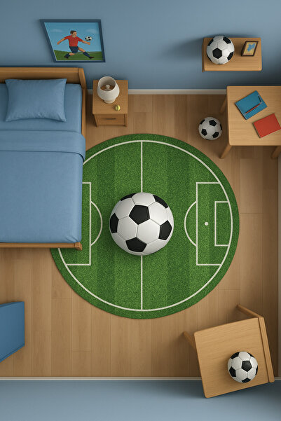 new colourse Futbol Sahası Desenli Yuvarlak Çocuk Halısı Kaymaz Taban,Dekorat...