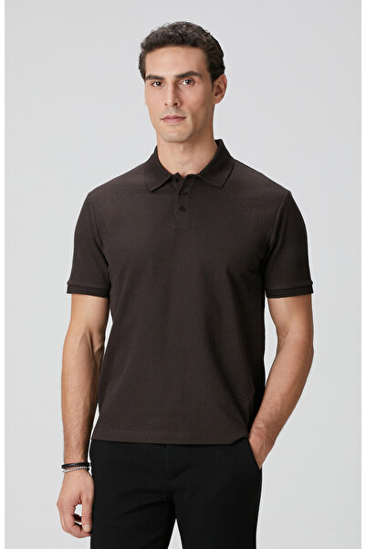Network Kahverengi Polo Yaka Düğmeli Jakarlı T-shirt