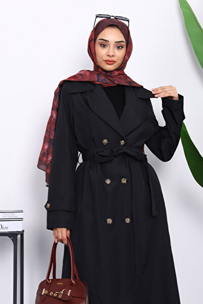İmajButik Black Double Breasted Collar Epaulettes Long Trench Coat