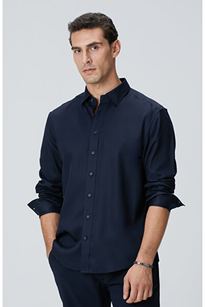 Network Lacivert Lyocell Gömlek