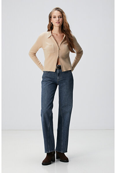 Network Bej Yün Karışımlı Fermuarlı Triko Kazak