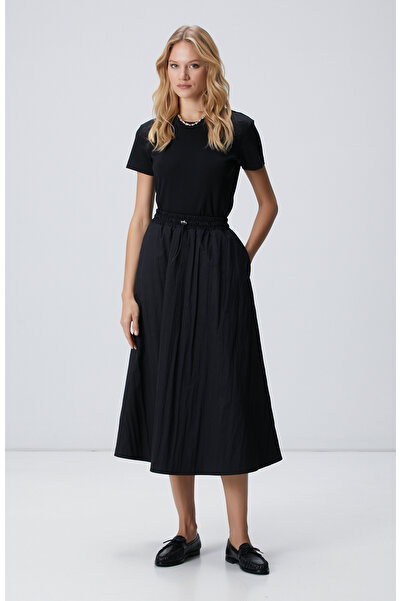 Network Siyah Beli Büzgülü Lastikli Diz Altı Etek